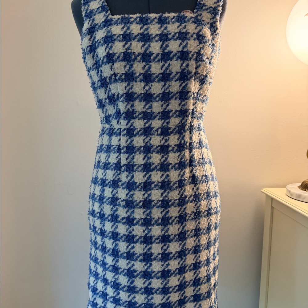 Ann Taylor Blue and White Houndstooth Midi Sheath Dress